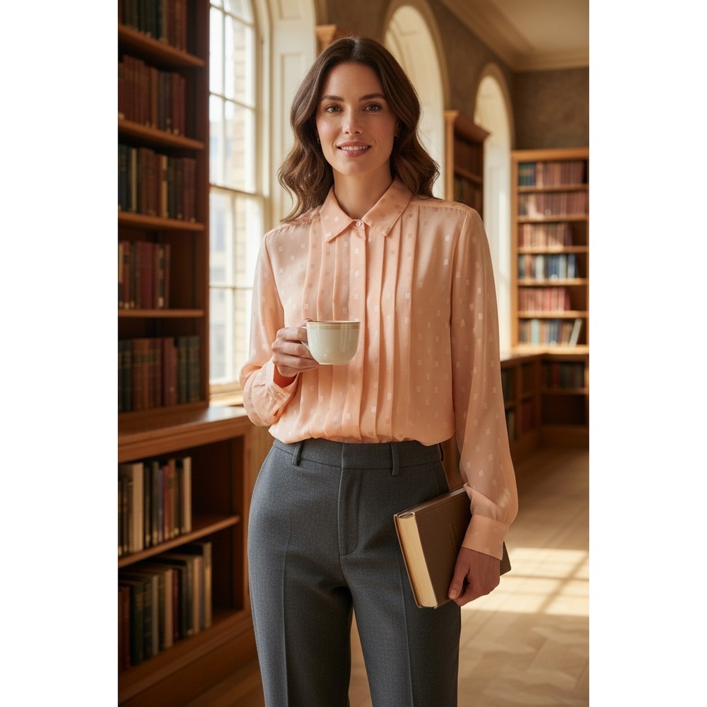 Vintage 80s Susan Hutton Peach Pleated Jacquard Blouse Career Office Twee 12
